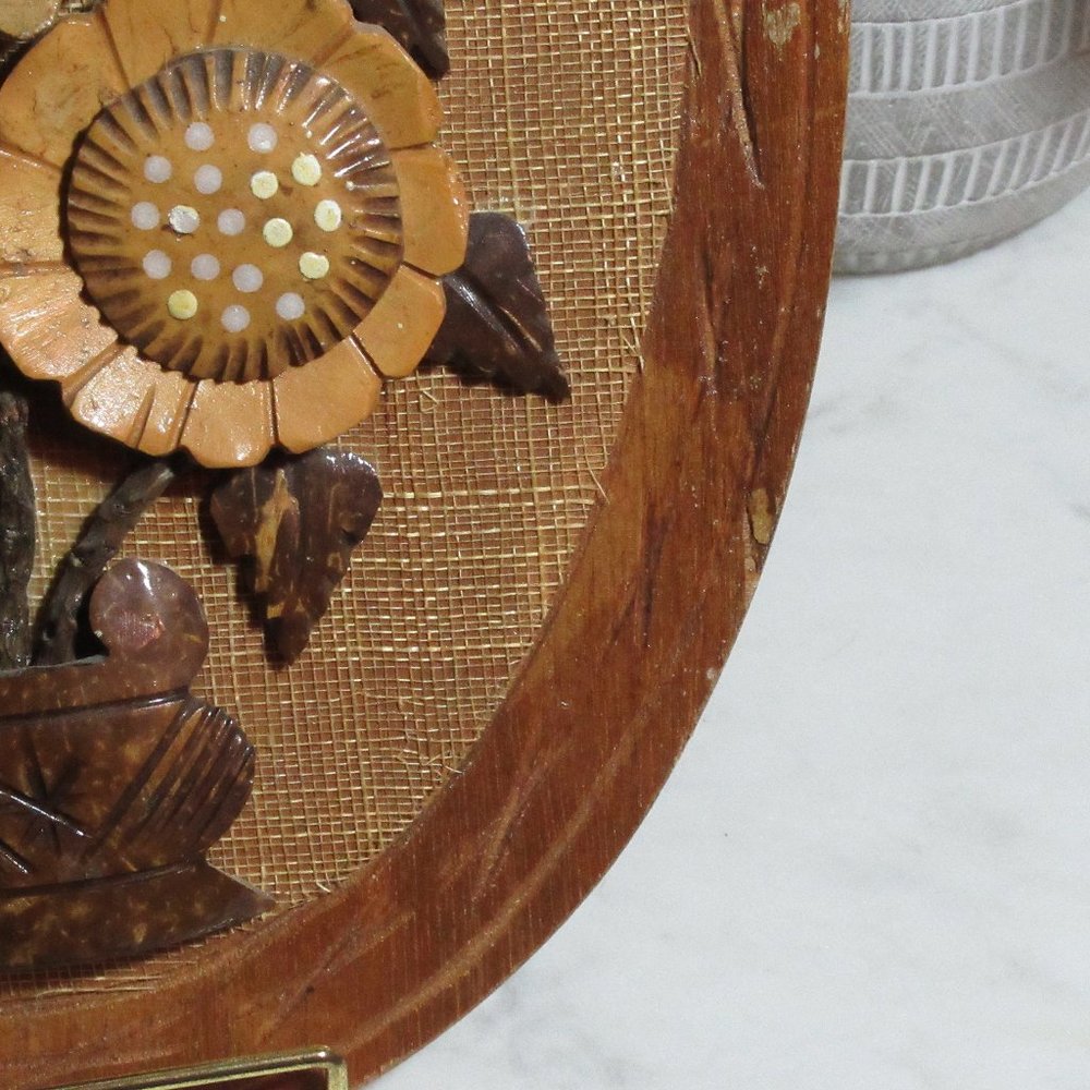 Vintage Hand-Carved Coconut Shell Flower Arrangement on Plaque - Picture 3 of 6